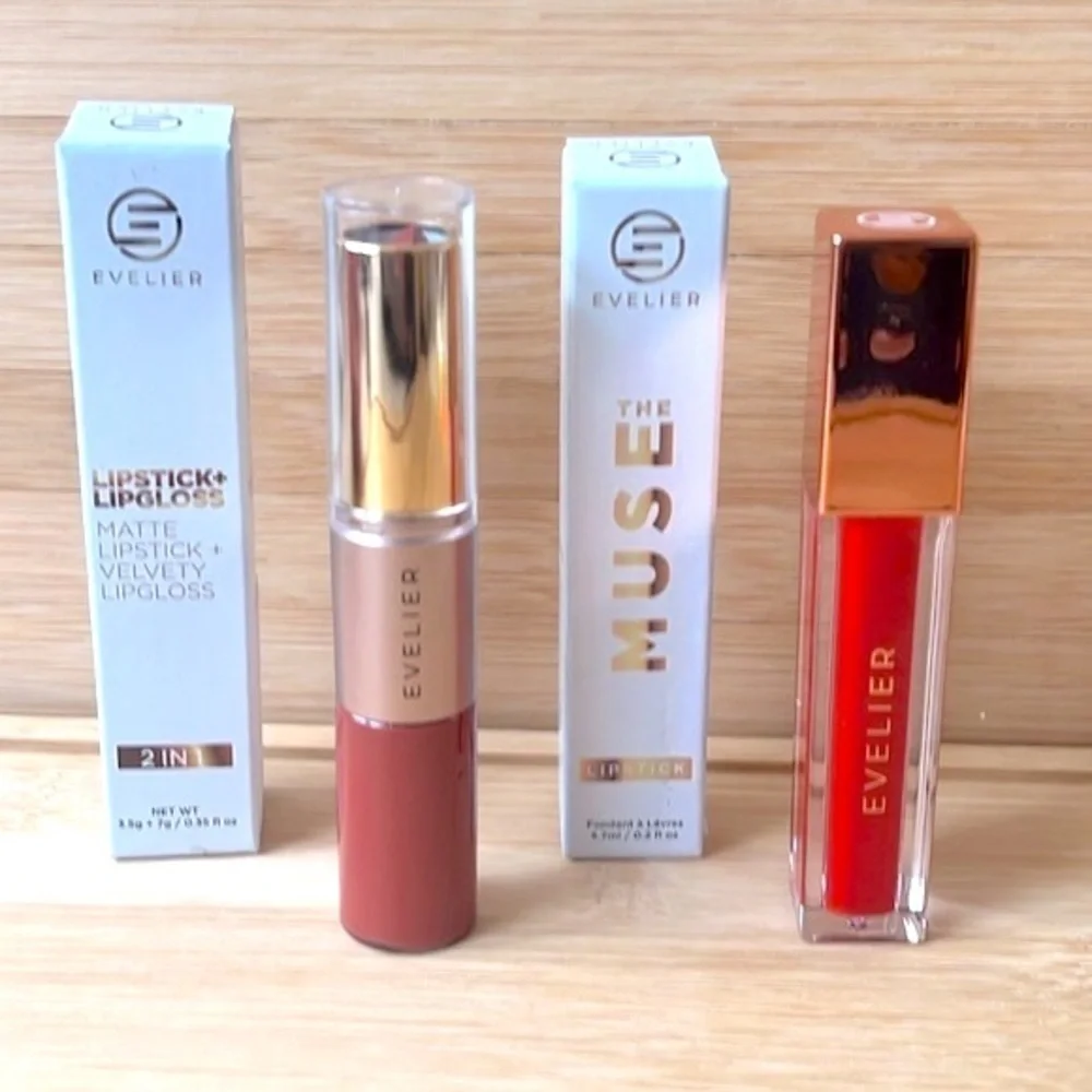 Brand New Evelier Set of 2 Lipstick Lip Gloss Pigmented Hydrating Coverage Shine